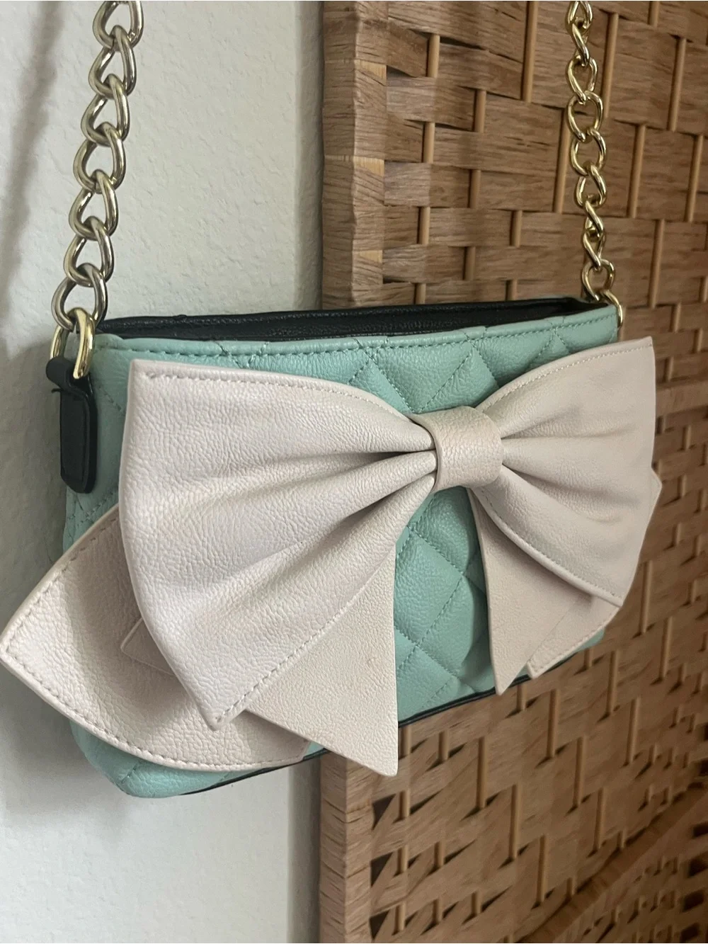 Betsey Johnson Mint Quilted Crossbody with Cream Bow